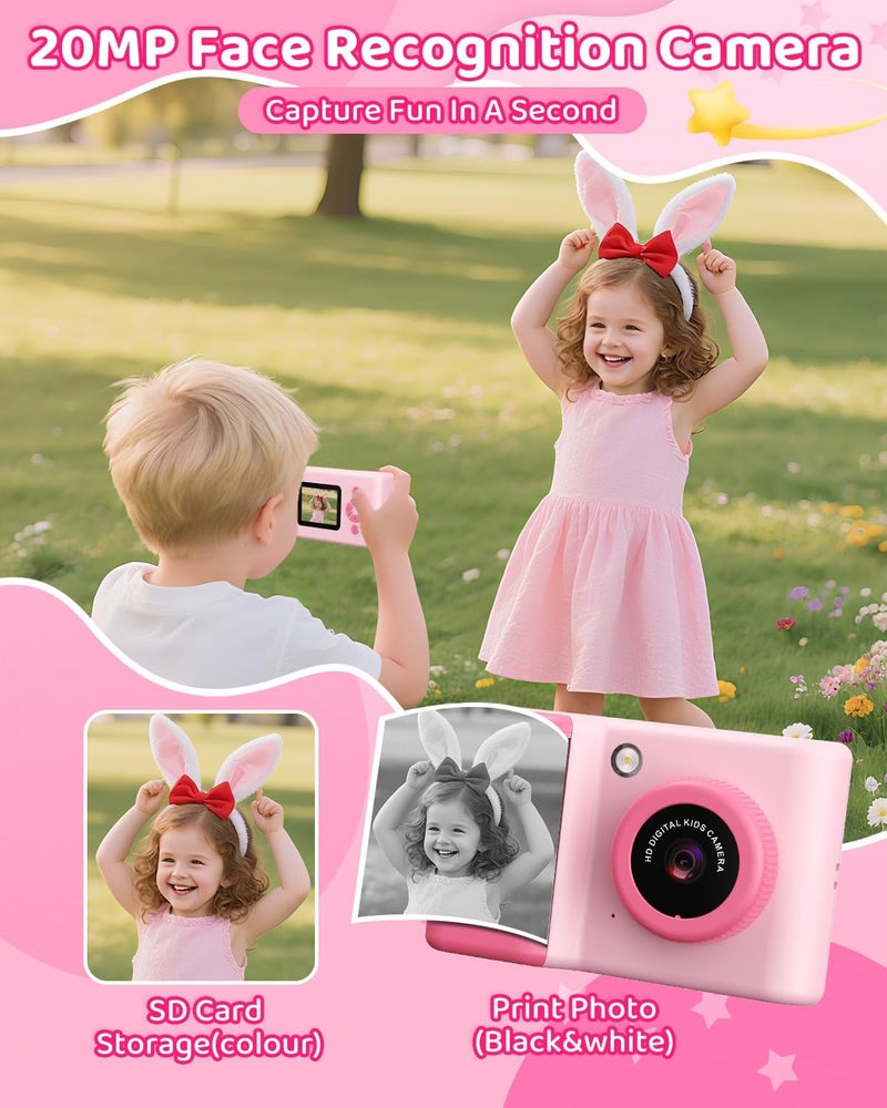 Usteetic Kids Camera Instant Print, 20MP 1080P Video Instant Print Camera for Kids with 32GB SD Card, 240 Photos Printing, Face Recognition, ABS Durable, Christmas Birthday Gifts for Ages 3-12 (Pink) - Image 2